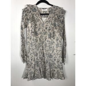 Anine Bing Floral Ruffle Cotton Long Sleeve Short Dress Capsule Neutral V Neck